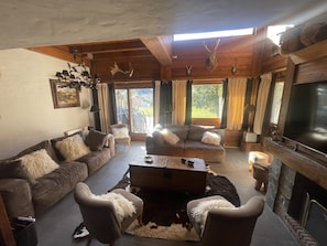 Télévision, cheminée, livres, chaîne hi-fi