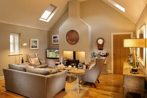 Un salon chaleureux avec une cheminée, des fauteuils confortables et un téléviseur.
