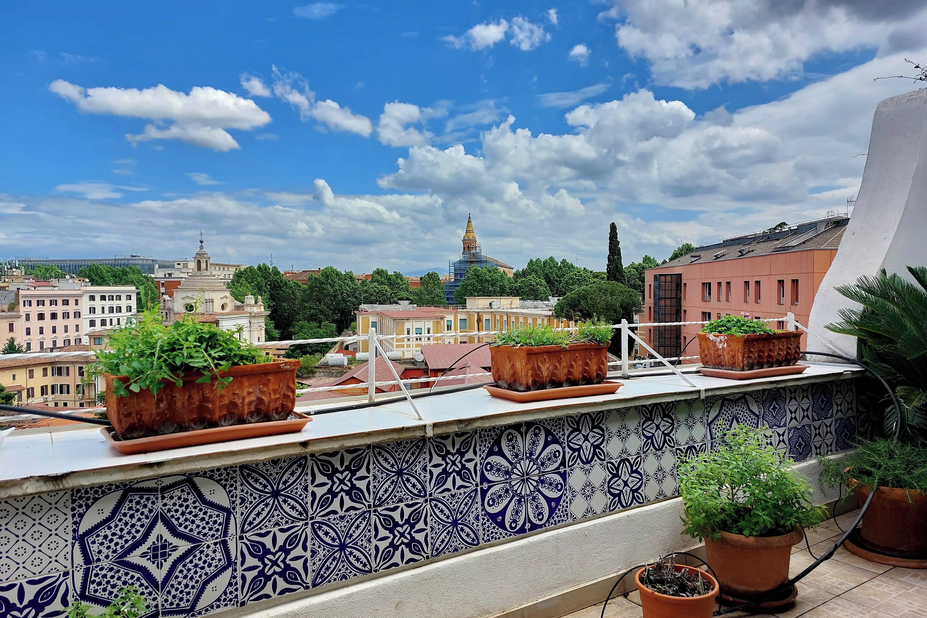 Une terrasse sur le toit agrémentée de plantes en pot, un mur recouvert de carreaux décoratifs et une vue sur les bâtiments en arrière-plan.