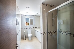 A modern bathroom with a glass-enclosed shower, a toilet, and a sink.