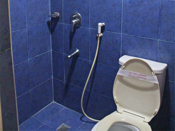 Un baño con inodoro, ducha y desagüe.