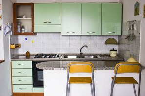 Kühlschrank, Ofen, Herdplatte, Kochgeschirr/Geschirr/Besteck