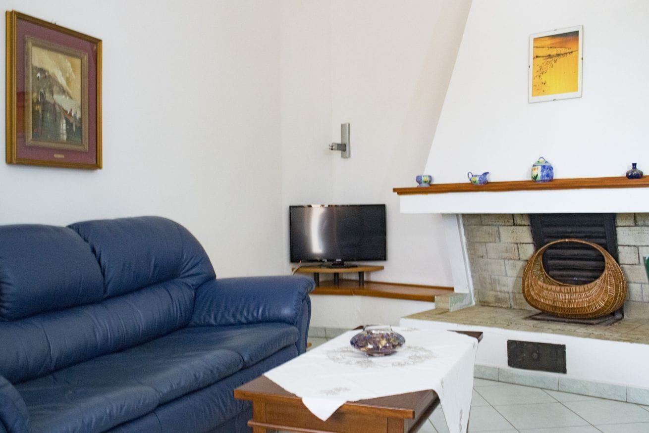 A living room with a blue sofa, a flat-screen TV, a fireplace, and a framed picture on the wall.