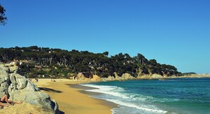 En la playa, camastros y toallas de playa 