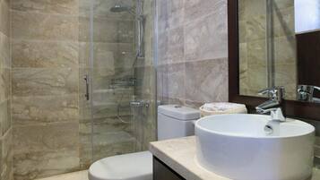 Ducha, secador de pelo y toallas