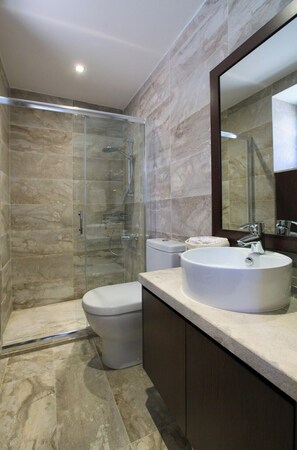 Shower, hair dryer, towels