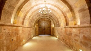 A stone corridor with an arched ceiling and a chandelier. - Villa Estet Bag Oteli (Kula)