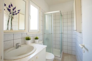 Shower, hair dryer, towels