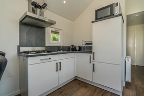 Fridge, microwave, stovetop, coffee/tea maker