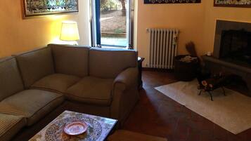 A living room with a sofa, a table with a decorative plate, a fireplace, and a window with a view of the outdoors.