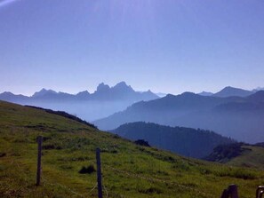A grassy hill with a fence and distant mountains. - DOUBLE OR TRIPLE ROOM 1 - Haus Müller (Berg)