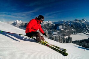 A person skiing on a snowy slope with a mountainous backdrop. - DOUBLE OR TRIPLE ROOM 1 - Haus Müller (Berg)