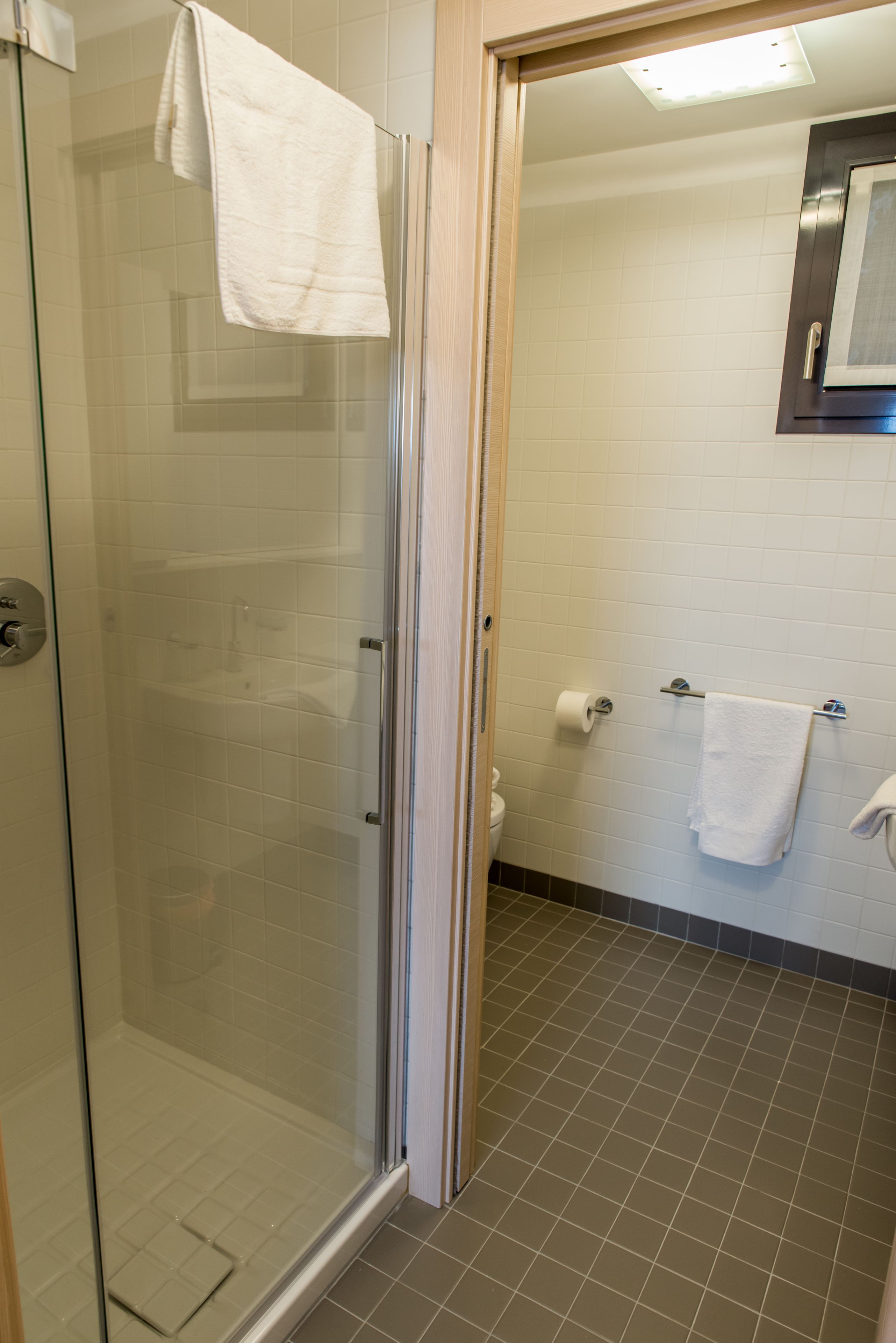 A glass-enclosed shower with a white towel hanging on the door, a toilet with a roll of toilet paper, and a towel rack with two towels.