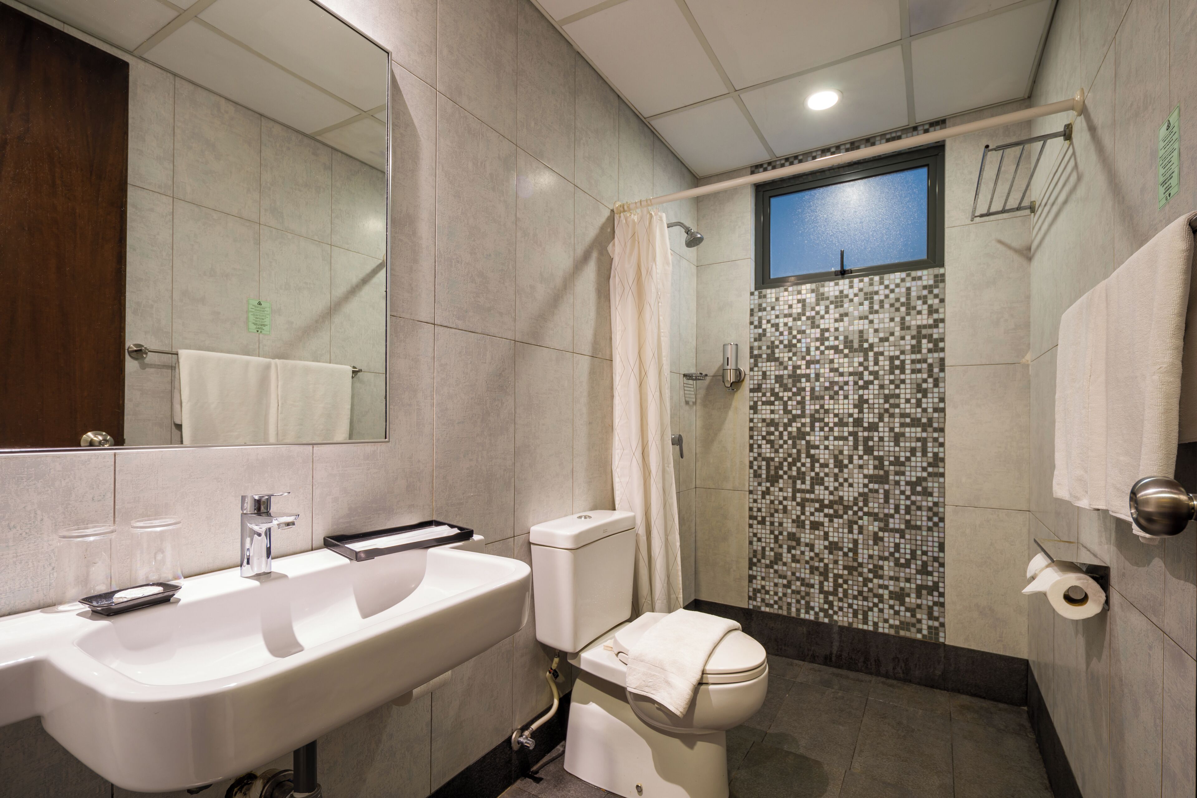 A bathroom with a sink, toilet, shower, and a tiled wall.