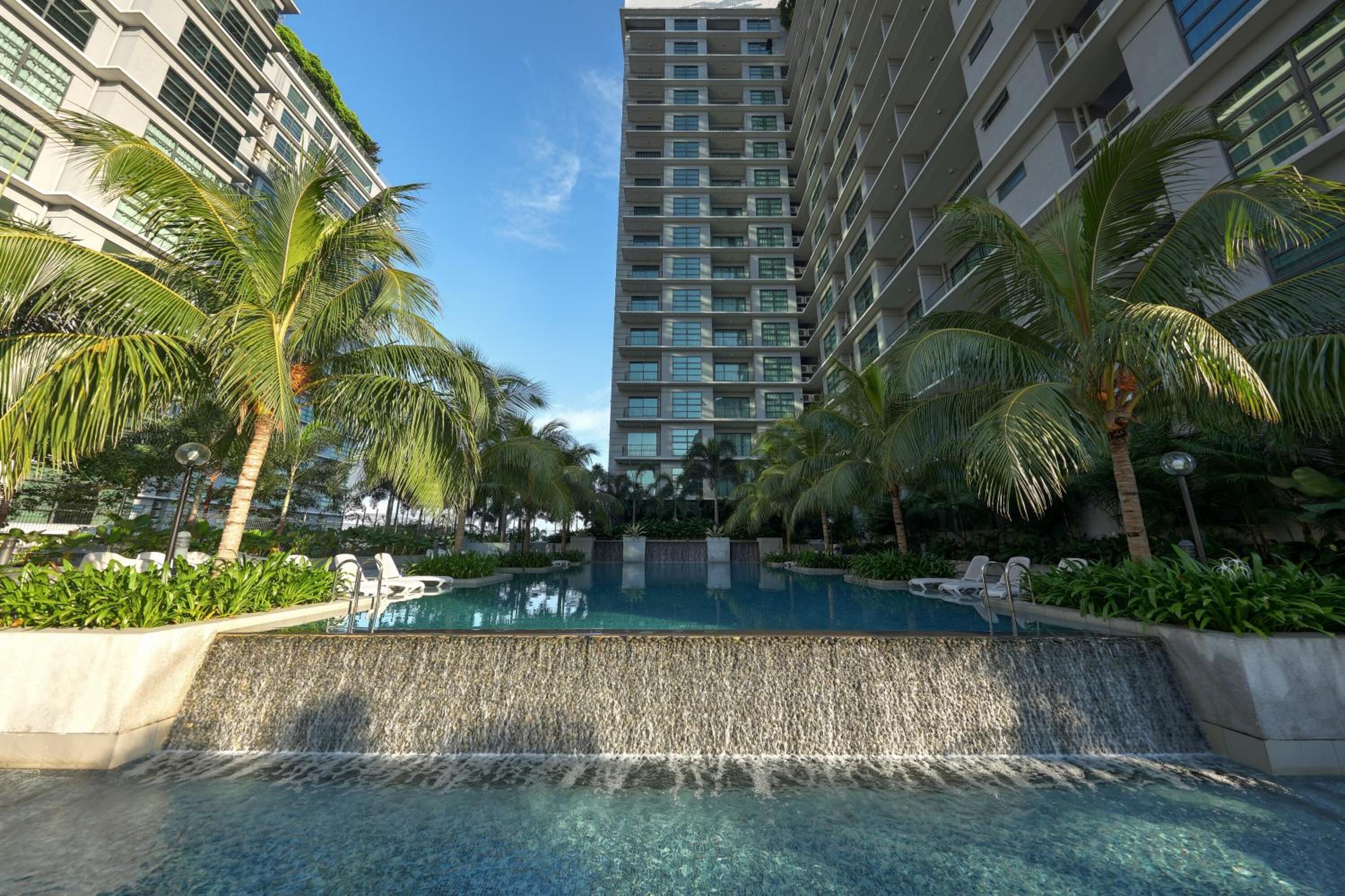 outdoor pool, pool loungers