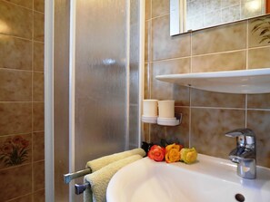 Hair dryer, towels, soap, toilet paper