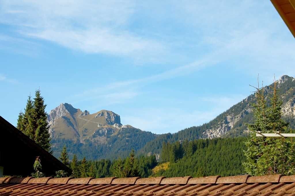 Un paisaje montañoso con un pico destacado, una zona boscosa y un edificio con tejado de tejas.