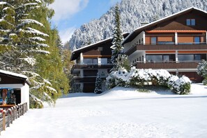 Een meerhoog gebouw met balkons, omringd door besneeuwde bomen en bergen.