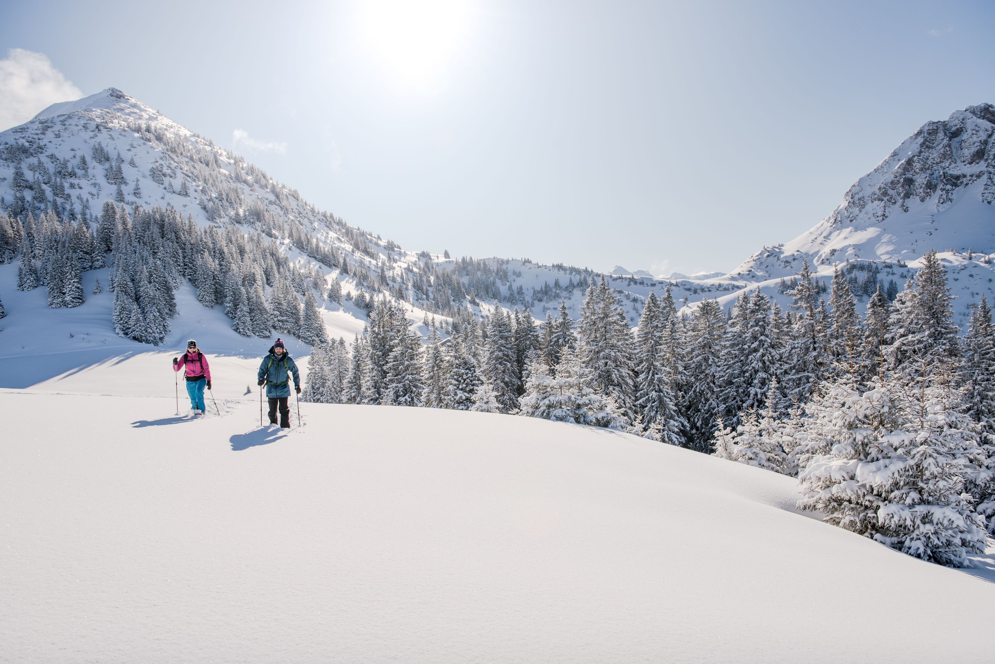 Een besneeuwd berglandschap, met twee mensen aan het skiën.