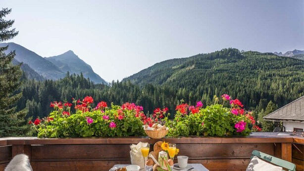 A table set with breakfast items, a wooden bench, and a view of mountains and forest.