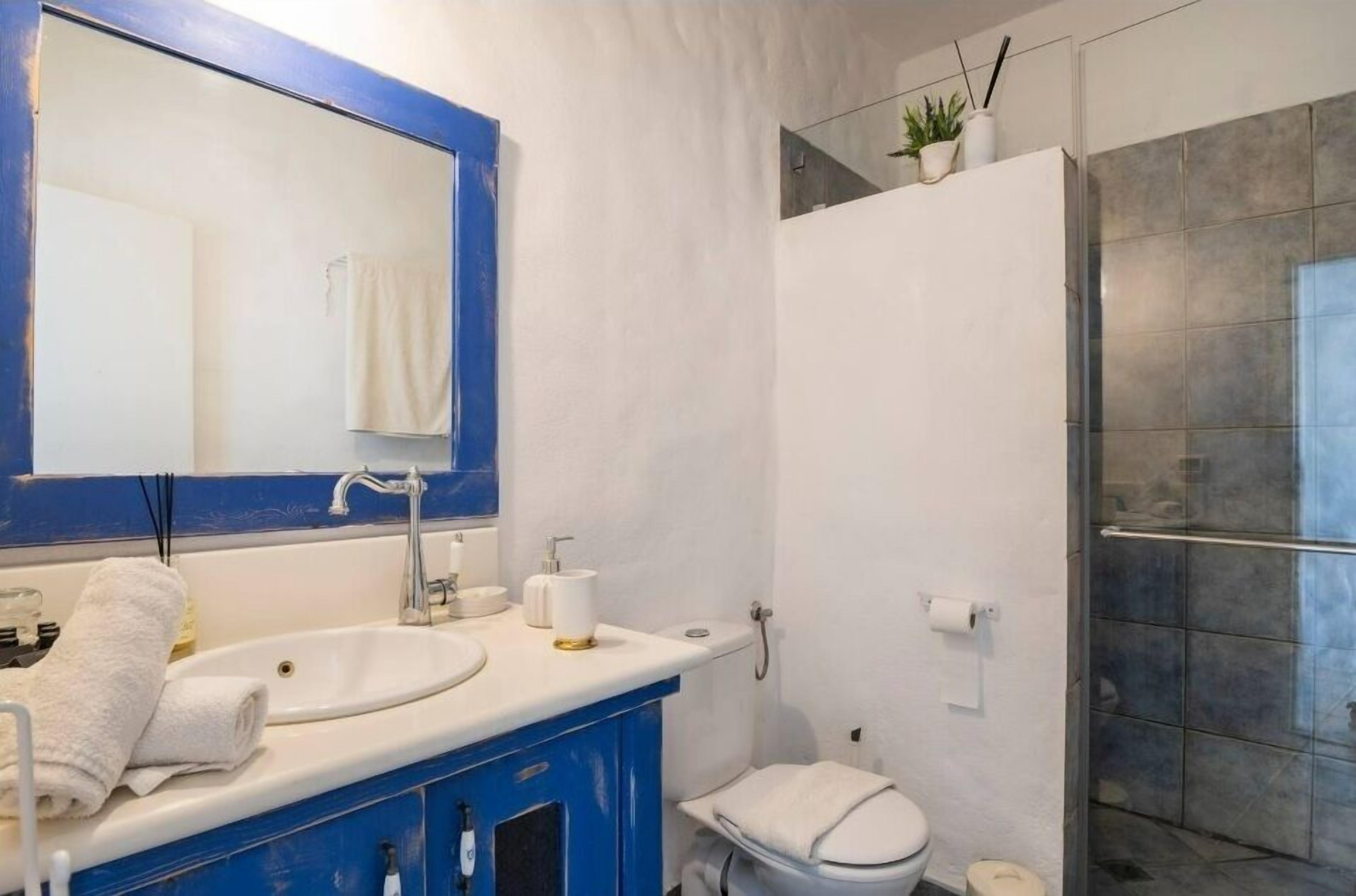 A bathroom with a white sink, blue vanity, a large mirror, a shower enclosure, and a toilet.