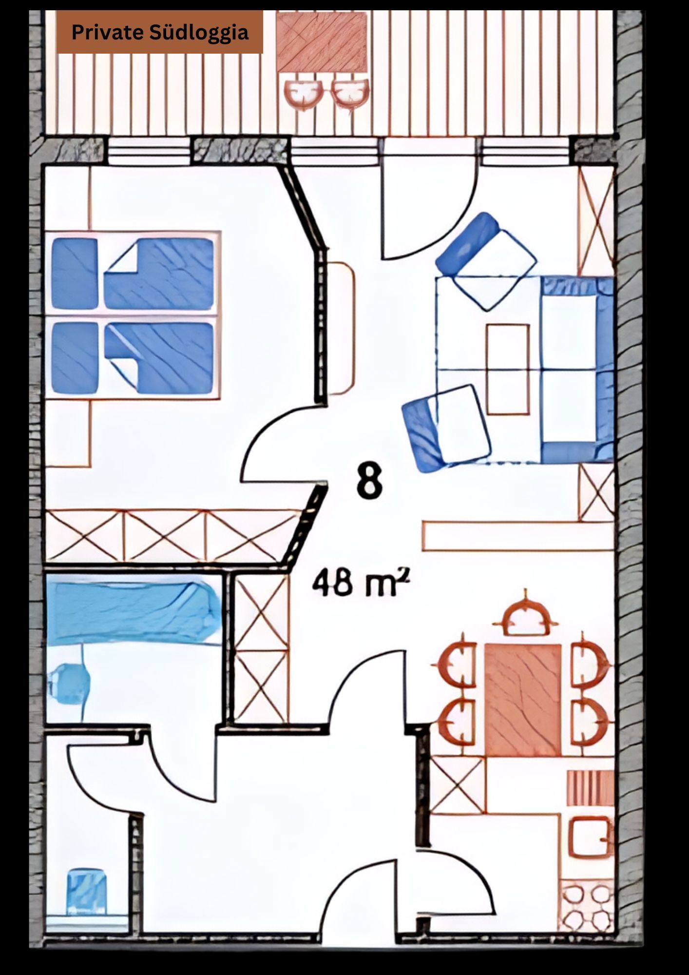 Plan d’étage d’un appartement privé comprenant 8 pièces, pour une superficie totale de 48 m², dont une cuisine, un coin repas et une petite salle de bain.