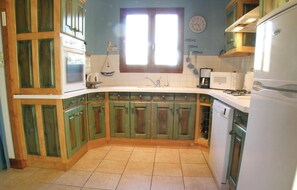 Fridge, stovetop, dishwasher, coffee/tea maker