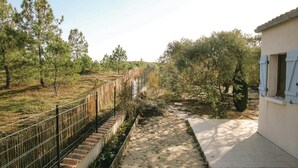 Un sendero que conduce a un edificio con una valla de madera y árboles.