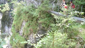 Uma ponte estreita com paisagem natural e um penhasco rochoso.