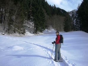 A person standing in a snowy landscape with trees and a mountain in the background.