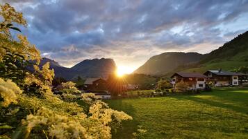 A rural village with houses and mountains in the background.