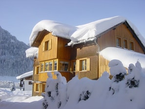 A wooden chalet with a sloped roof, surrounded by snow-covered trees and mountains. - Vacation with Moses - Holiday apartment (Schoppernau)
