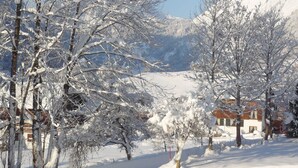 A snow-covered landscape with trees and a building in the background. - Hochalpe APP#3 - Ritter Anni - Haus Ritter (Schoppernau)