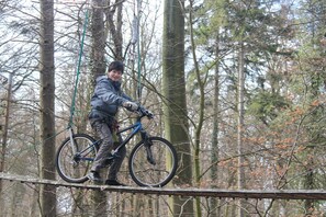 Eine Person fährt mit dem Fahrrad durch ein bewaldetes Gebiet.