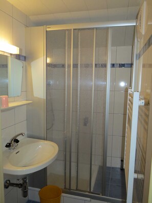 Shower, towels, toilet paper
