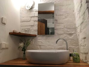 Shower, hair dryer, towels, toilet paper