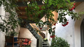 Un espacio al aire libre rústico con un banco de madera, plantas en macetas y una escalera.