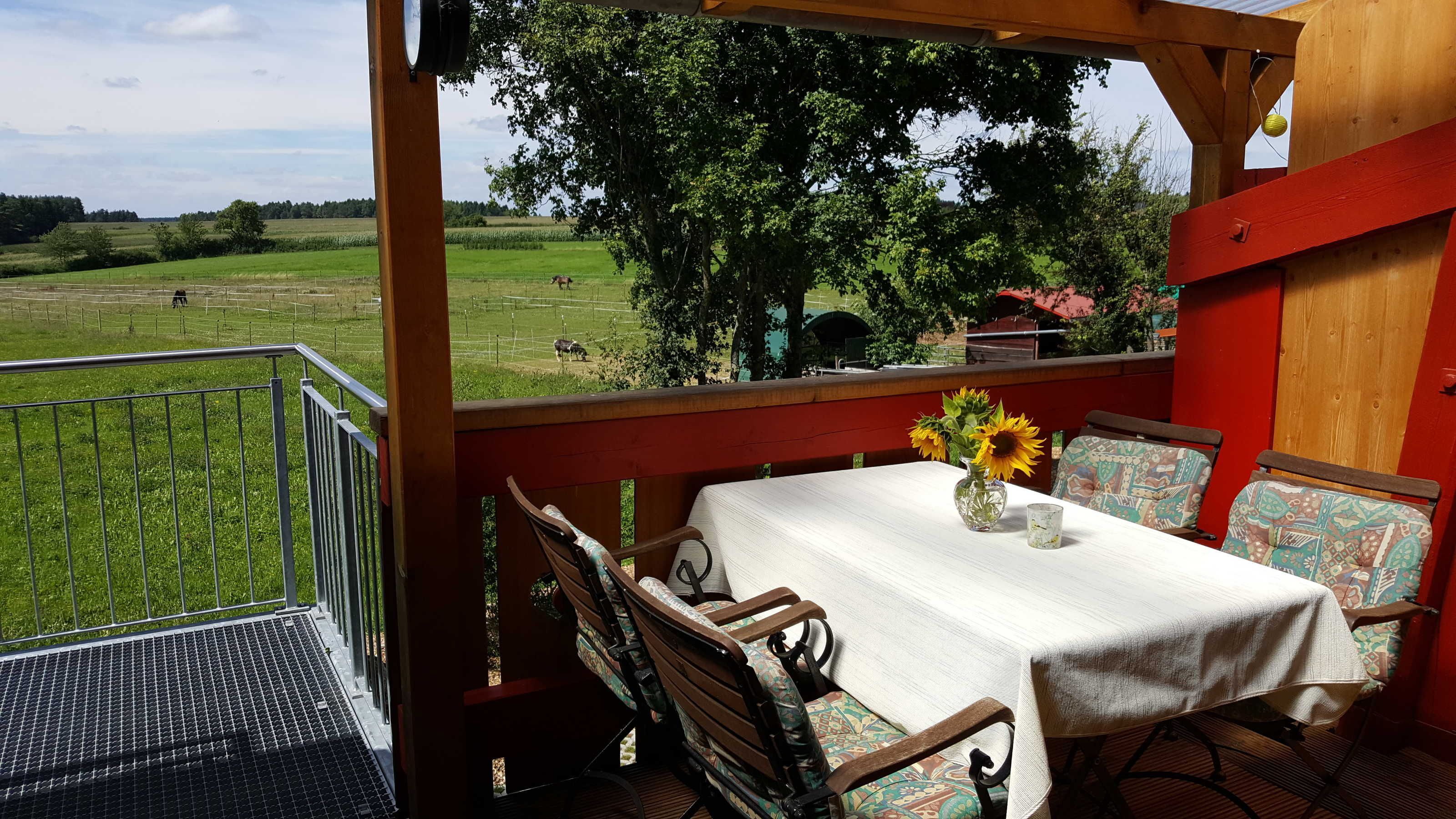 Un balcon avec une table et des chaises, donnant sur un champ verdoyant parsemé d’arbres et sous un ciel dégagé.