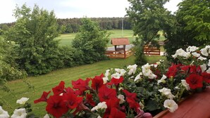 Un jardin agrémenté de fleurs rouges et blanches, une structure en bois et une vue sur un champ verdoyant.
