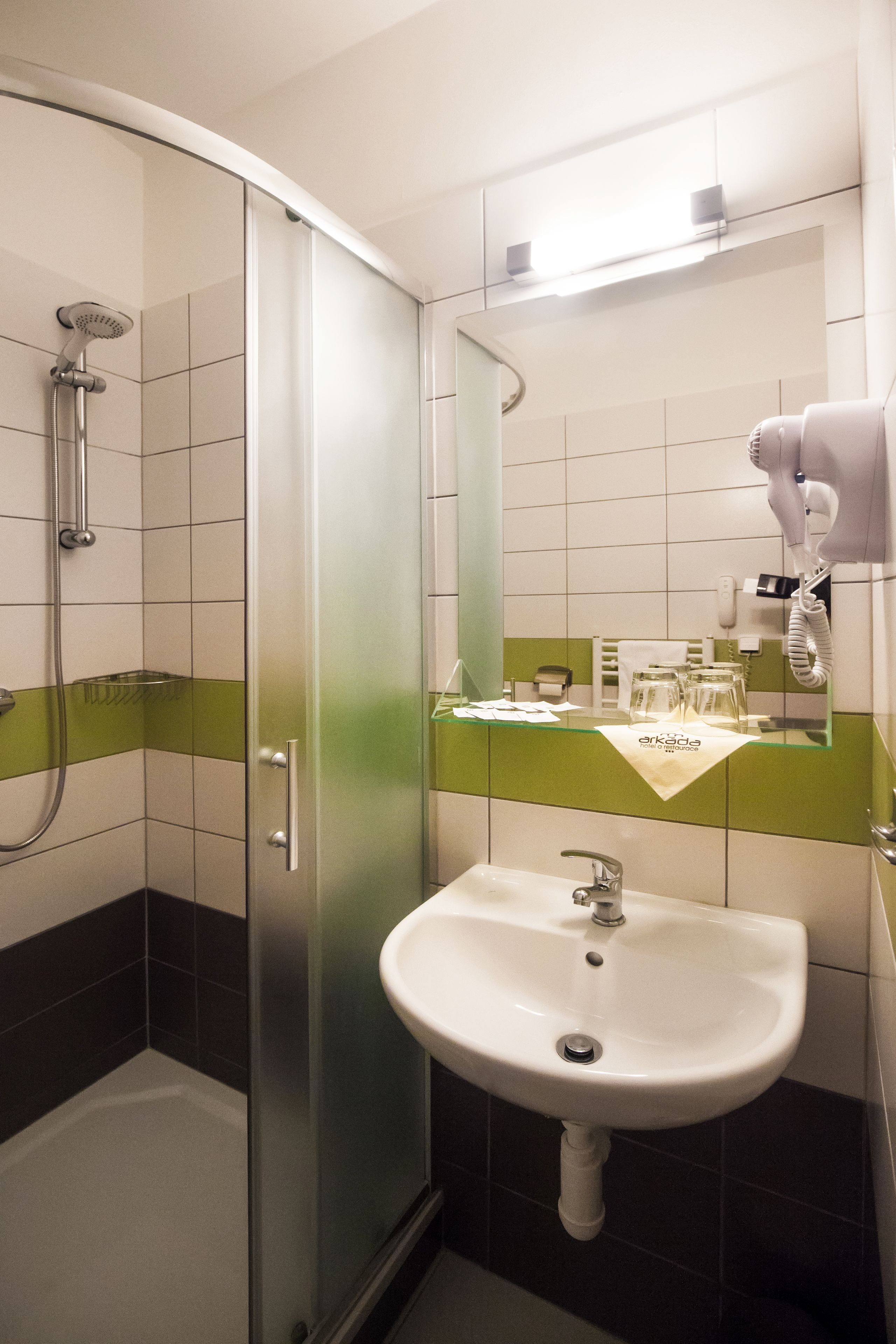 A bathroom with a glass shower enclosure, a white sink, and a mirror above the sink.