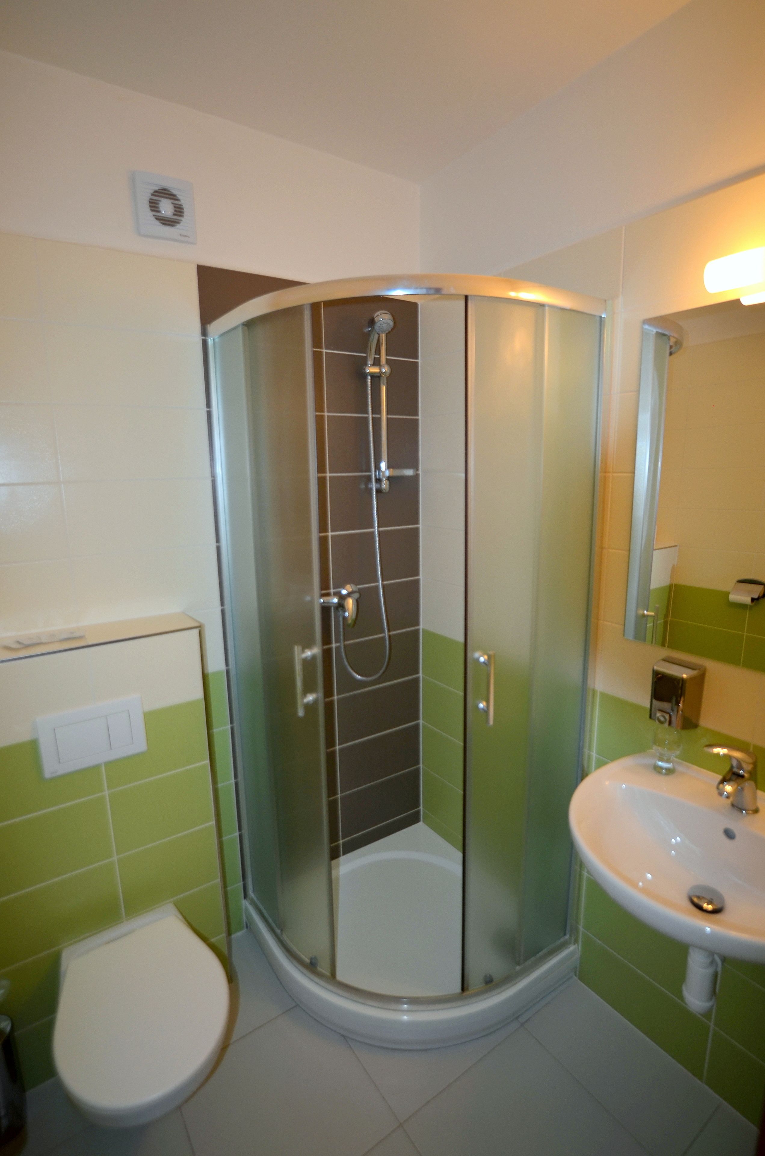 A bathroom with a glass-enclosed shower, a white sink, and a toilet.