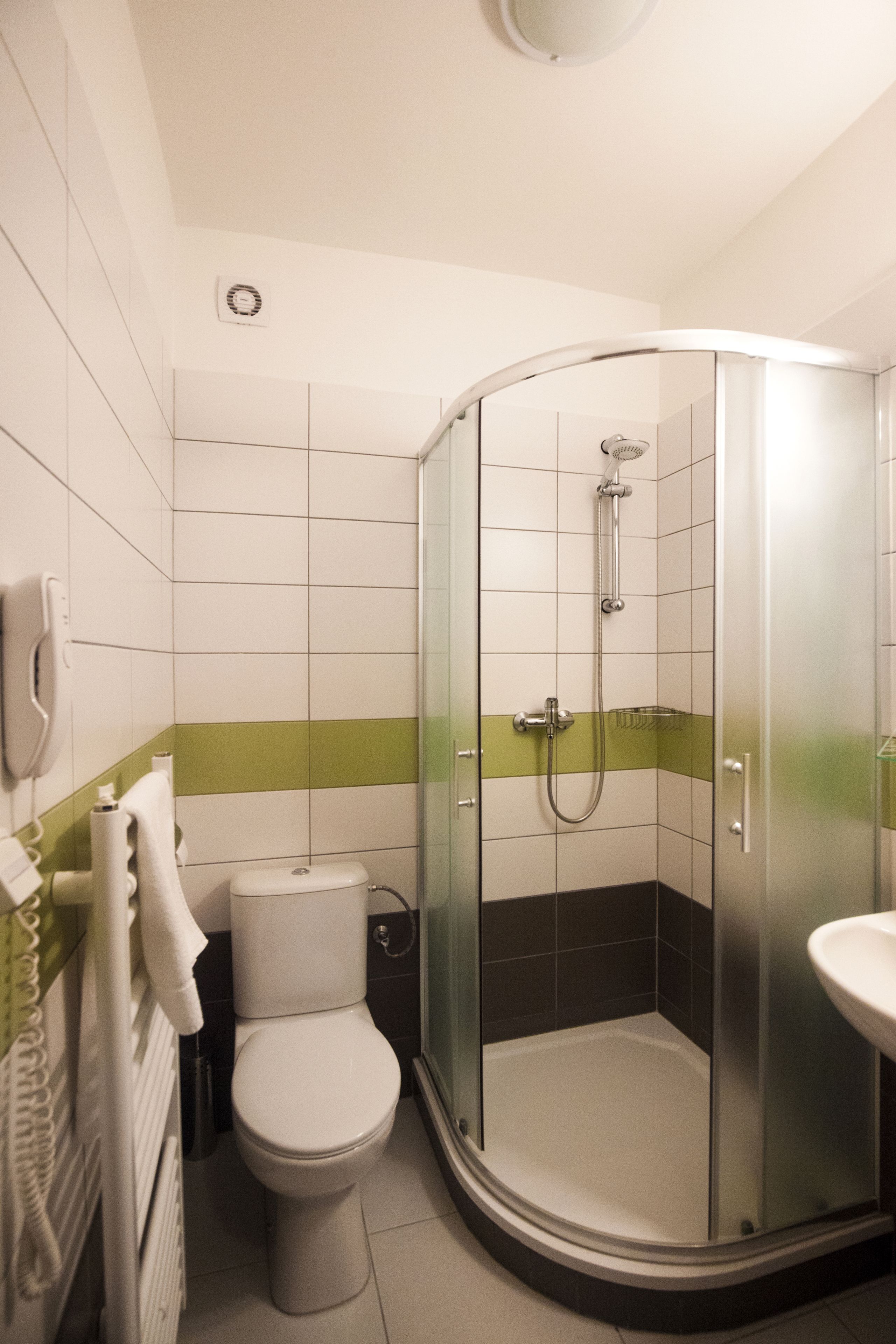A modern bathroom with a glass-enclosed shower, a toilet, and a sink.