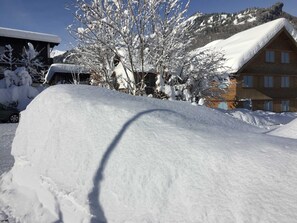 Un paisaje nevado con una casa de madera y una montaña al fondo.