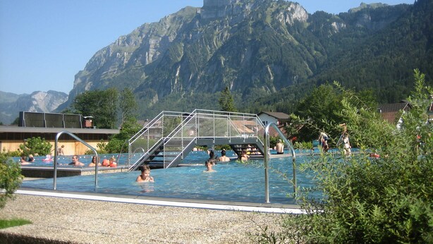 En swimmingpool med en metalltrappa som leder ner i vattnet, omgiven av träd och berg i bakgrunden.