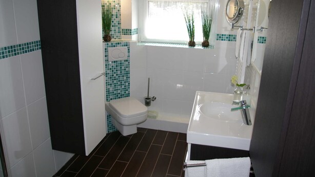 Une salle de bain avec des toilettes, un lavabo et une douche.