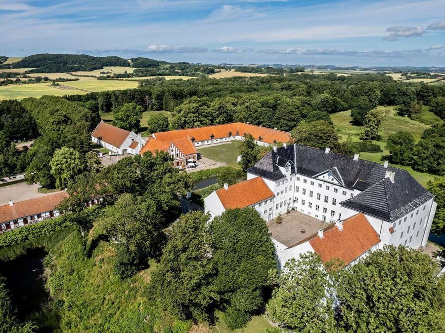 An aerial view of a historic estate with a large central building, smaller structures, and surrounding greenery.