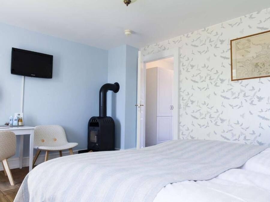 A bedroom with a bed, a desk with a chair, a black heater, and a TV on the wall.