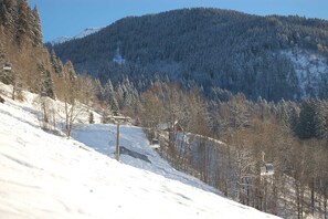 Montaña nevada con telesilla y árboles.