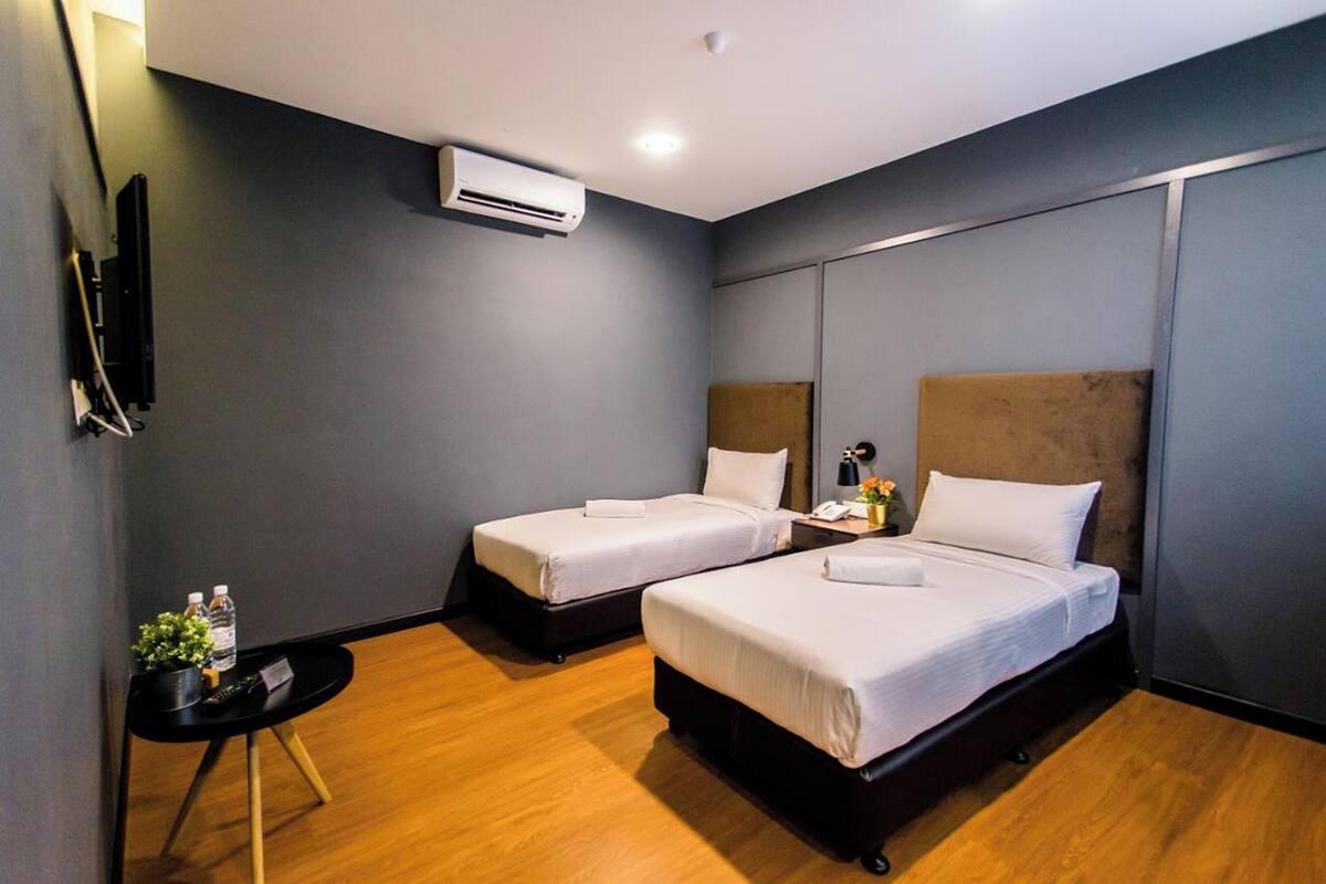A hotel room with two beds, a small table with a plant, a TV, and an air conditioning unit.