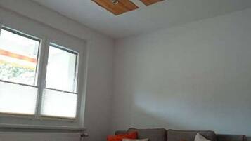 Une pièce avec une fenêtre, un radiateur, un canapé avec des coussins et un plafond en bois.